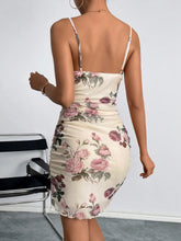 Floral Print Draped Collar Ruched Mesh Cami Dress
